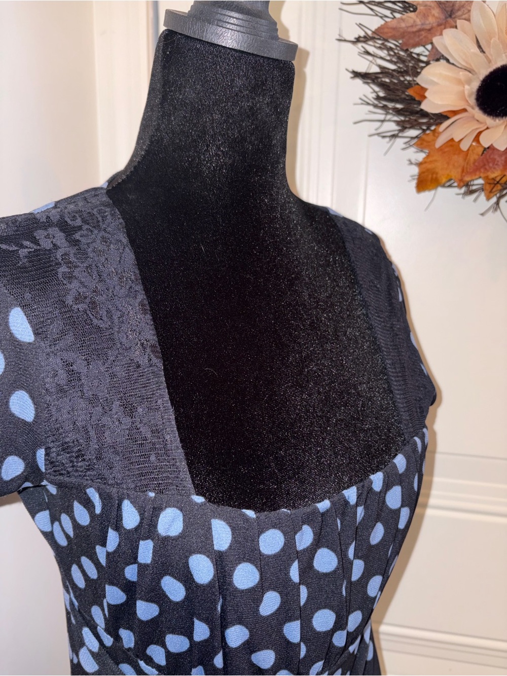 INC International Concepts Black Top with Light Blue Polka Dots and Square Neck - Picture 4 of 12